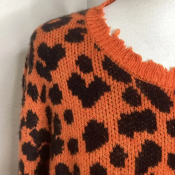 R13 Cashmere Sweater Orange Black Leopard Oversized Lg - Picture 5 of 12